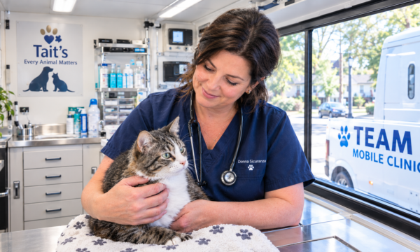 Donna Sicuranza, Executive Director of TEAM, comforts a cat inside a bright and modern Tait's Every Animal Matters mobile spay and neuter clinic in Connecticut.