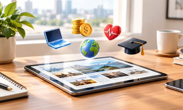 A digital tablet displaying a multi-niche online magazine surrounded by icons representing technology, finance, and health.
